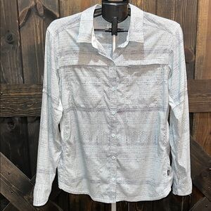 REI Co-Op Outdoor Top L Blue White Light Breathable Hiking Fishing Sporty Pocket